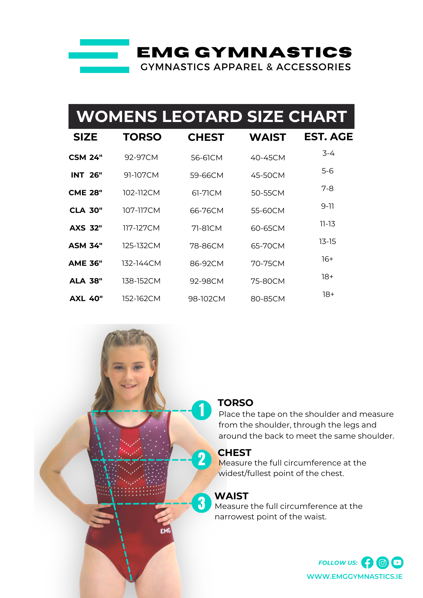 EMG leotard and teamwear size chart